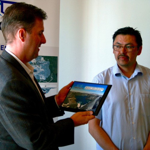 Troilus&rsquo; Community Liaison, John Matoush and CEO, Justin Reid at the Troilus Office Opening in Mistissini - 2018