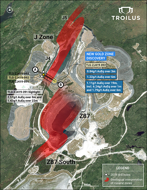 Plan view of Troilus  Property Showing Drill Hole Locations and Geological Interpretation of Mineral  Zones