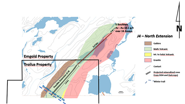 Figure 2: Geologic trend showing extension from J4 Open Pit to high grade boulders discovered by Inmet in the 1980's