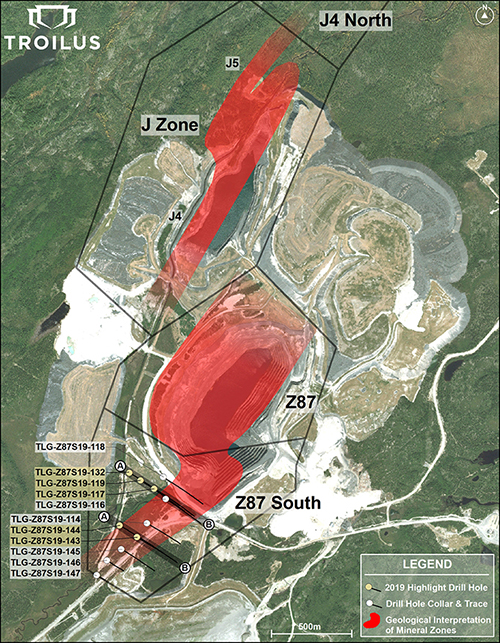 Plan view of Main Mineralized Zones and Drill Hole Collars and Traces