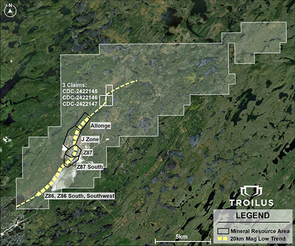 Plan view of Troilus Property Showing new Claims Acquired to the north west of Zone Allonge