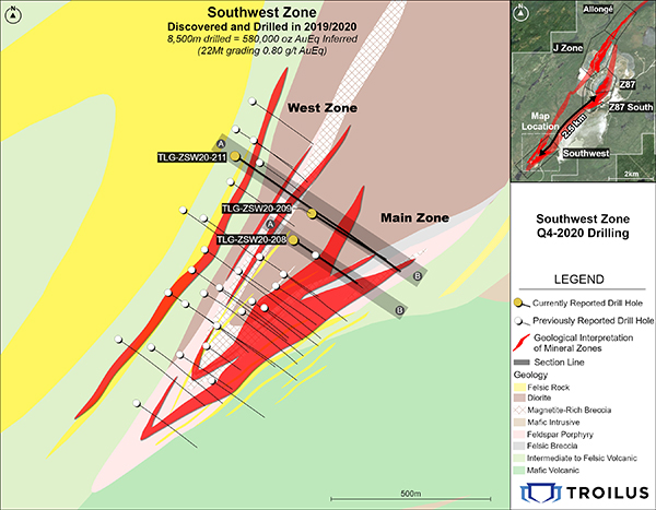 Figure 1: Location of New Drill Hole Results in the Southwest Zone