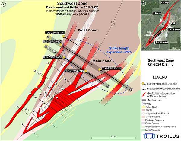 Figure 1 - Location of New Drill Hole Results in the Southwest Zone