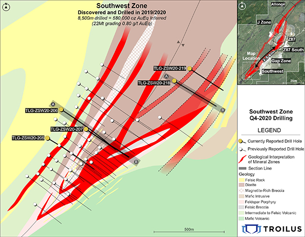 Figure 2 -  Location of New Drill Hole Results in the Southwest Zone