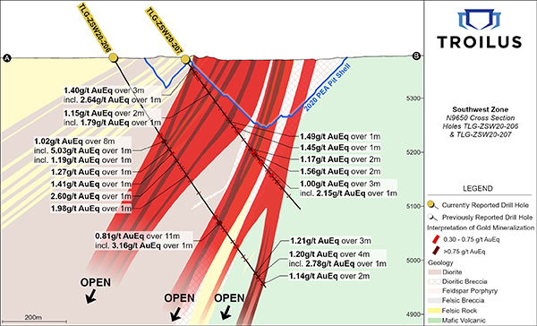 Figure 4 - Section N9650; View of drill holes TLG-ZSW20-206 and TLG-ZSW20-207