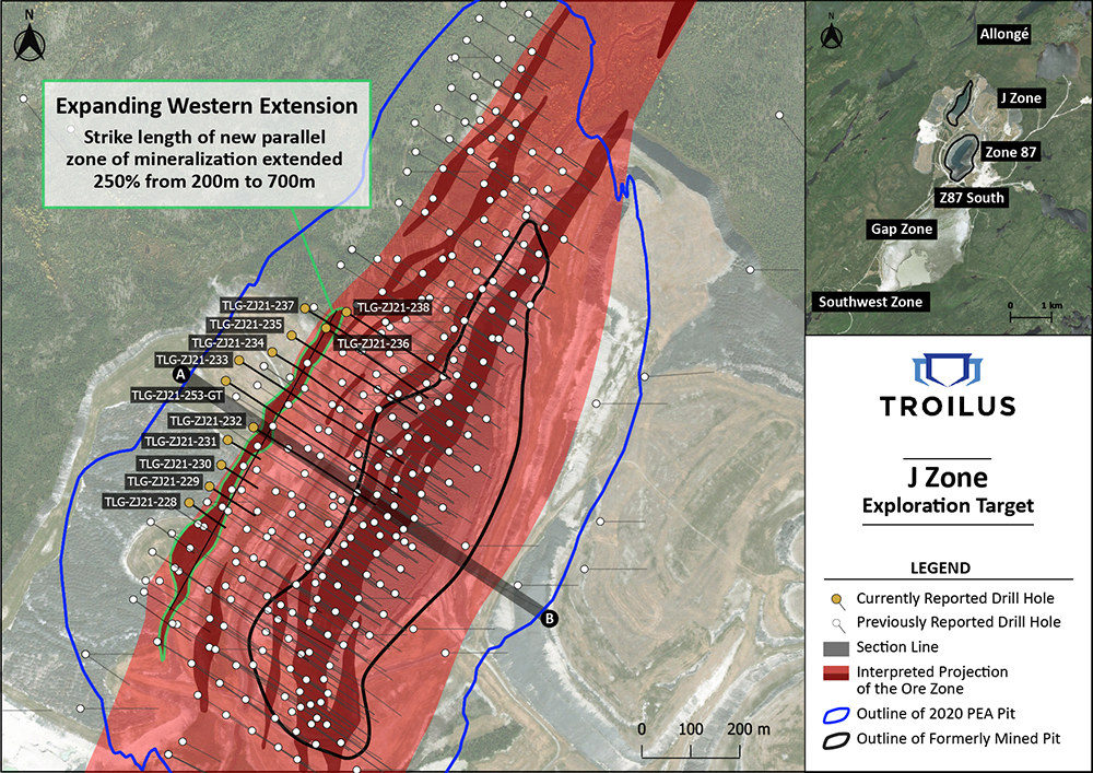 Figure 1: Plan View Map of J Zone with Location of New Drill Results
