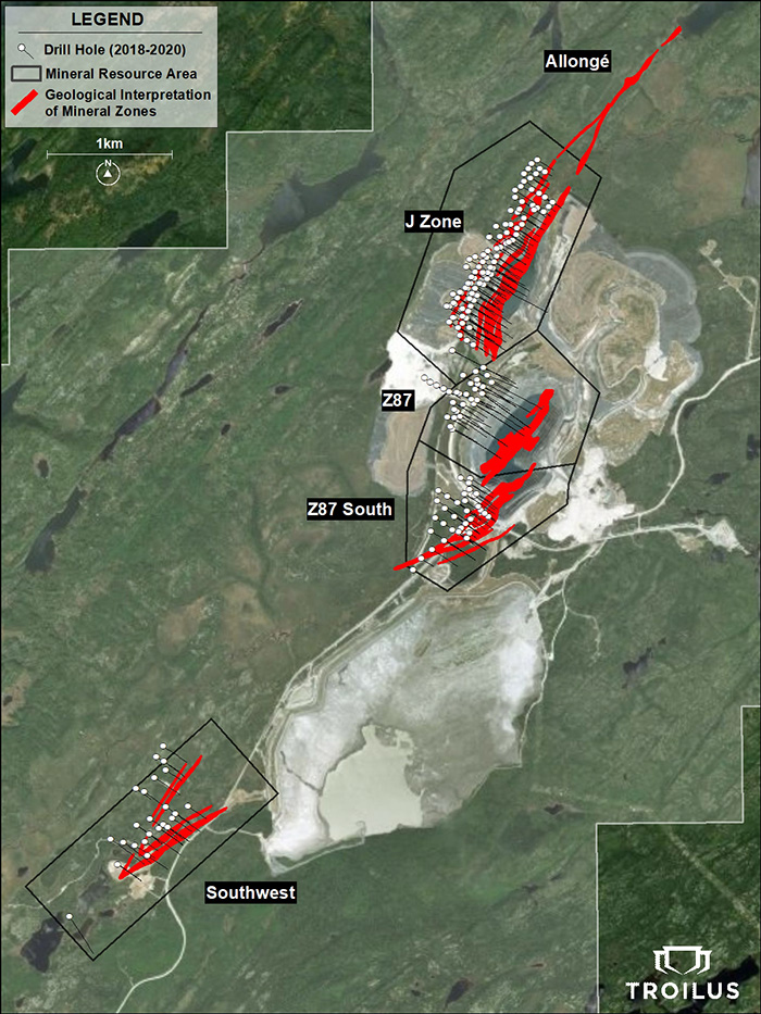 Plan view of mineralized zones and Drill Hole locations